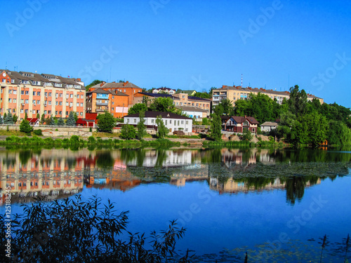 Colorful city card. Vinnitsa City on the banks of the river Southern Bug in Ukraine, Europe