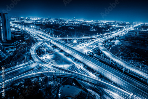 Tela Aerial View of Shanghai overpass at Night in China.