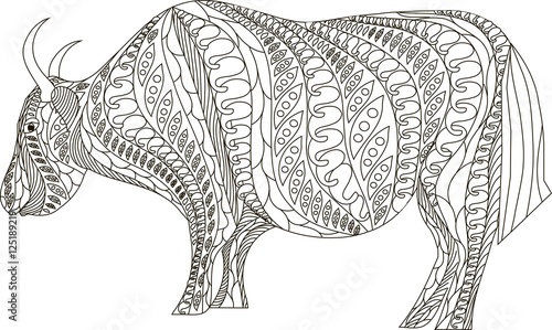 Hand drawn zentangle yak, black and white anti stress vector illustration