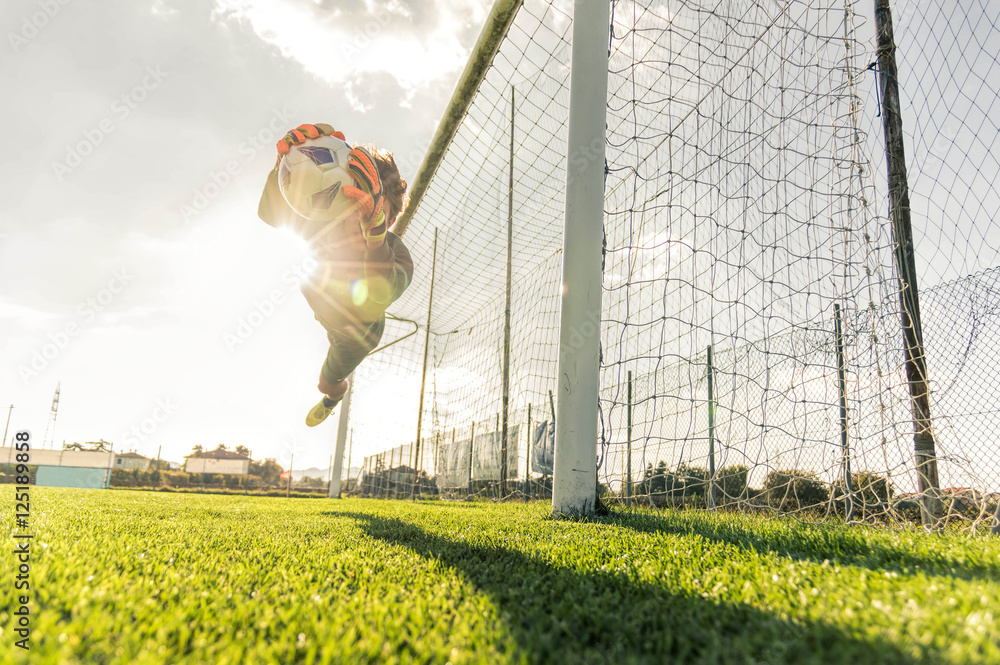 Naklejka premium Goalkeeper catches the ball at the stadium
