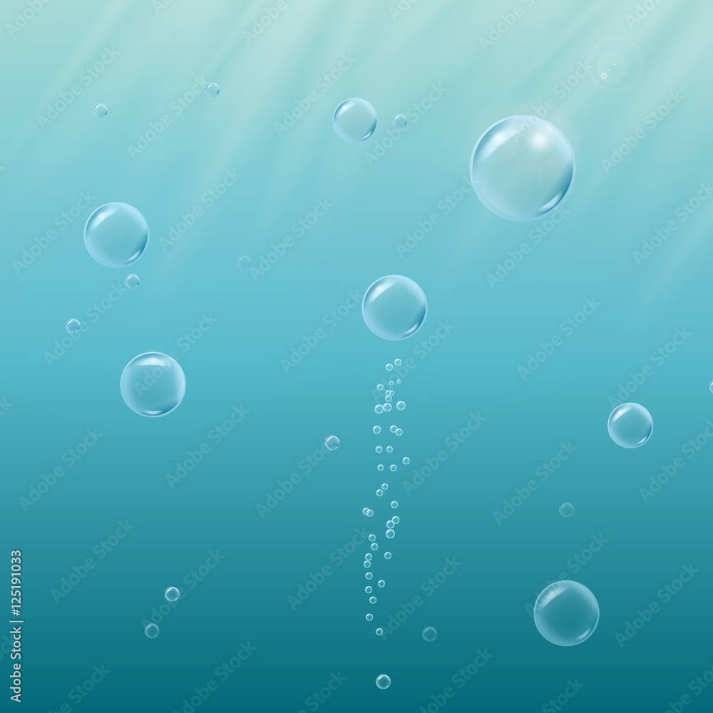Deep sea with bubbles, sprays and shiny rays underwater. Blue realistic vector EPS10 background.