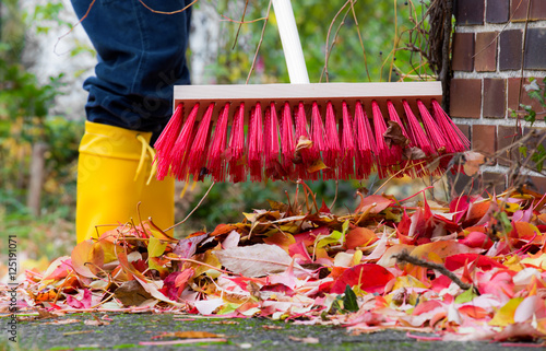 Leaves are swept together with a broom
 photo