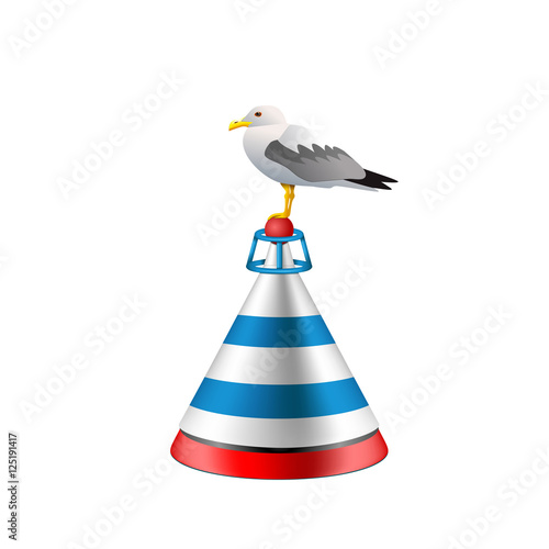 Sea buoy with a seagull on white background. Isolated buoy with blue and red stripes.  Vector EPS10 nautical realistic illustration.