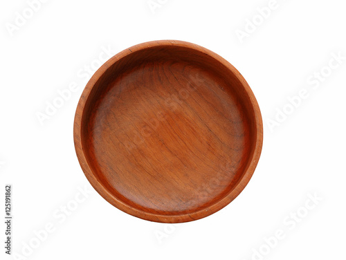 Close up top view of wood empty bowl (wooden bowl), isolated on white background