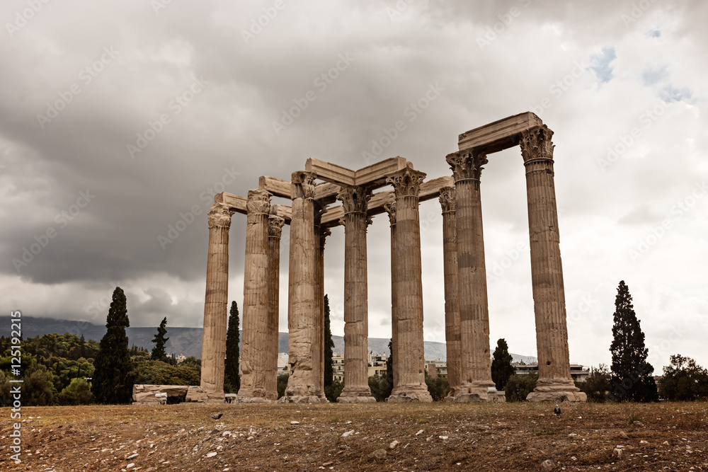 Olympian Zeus temple on the  Athens with dramatic sky, Greece