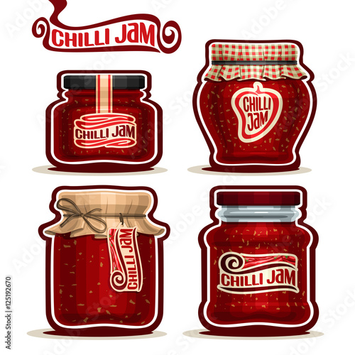 Vector logo Chilli Jam in Jars with paper lid, rustic Pot home made chilli pepper spice jams, twine bow, homemade hot chili jam jar, spicy sauce pot with label, checkered cloth cap, isolated on white.