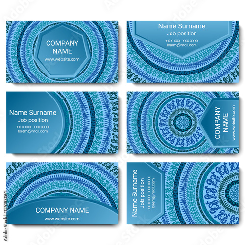 Set of vector visiting card with mandala. Geometric mandala pattern and ornaments. Front page and back page.
