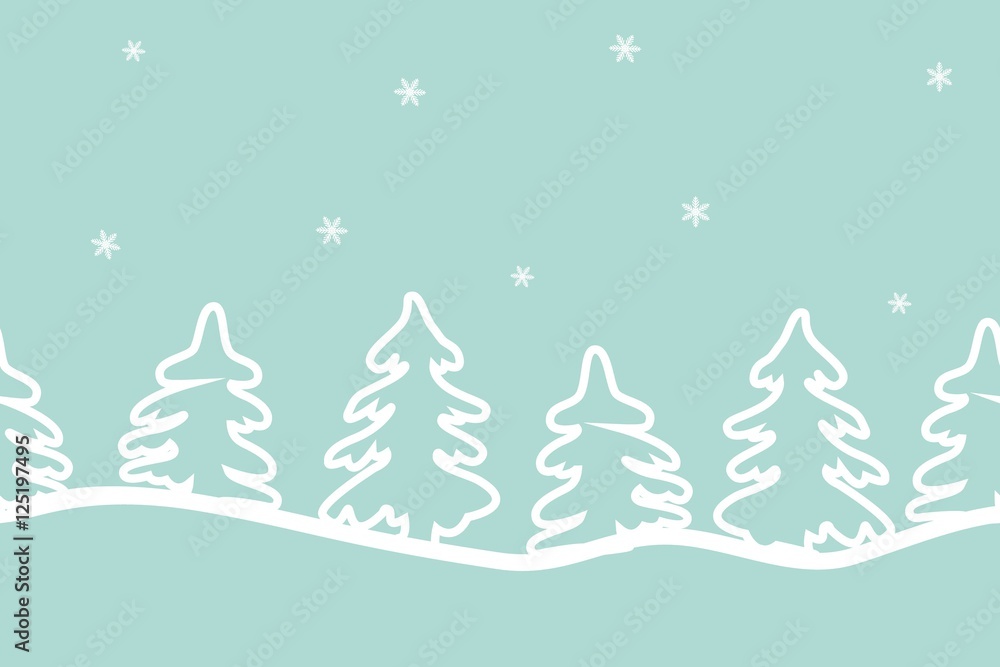 White fir trees under the snowfall. Seamless sample of a border. Vector illustration. It can be used for Christmas and New Year decoration, as a background for the websites, packing, fabrics