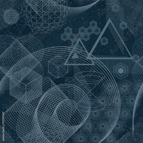 Seamless wallpaper pattern. The science and mathematics abstract background with circles, cube, triangles and a lot of lines. Sacred geometry backdrop. The chemistry and astrology. 