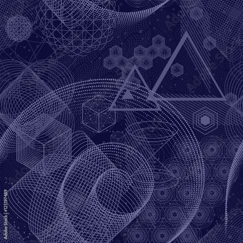 The science and mathematics abstract background with circles, cube, triangles and a lot of lines. Sacred geometry backdrop. The chemistry and astrology. Graphic elements for identity design.