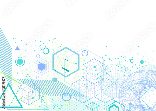 The science and mathematics abstract background with circles, cube, triangles and a lot of lines. Sacred geometry backdrop. The chemistry and astrology. Graphic elements for identity design.