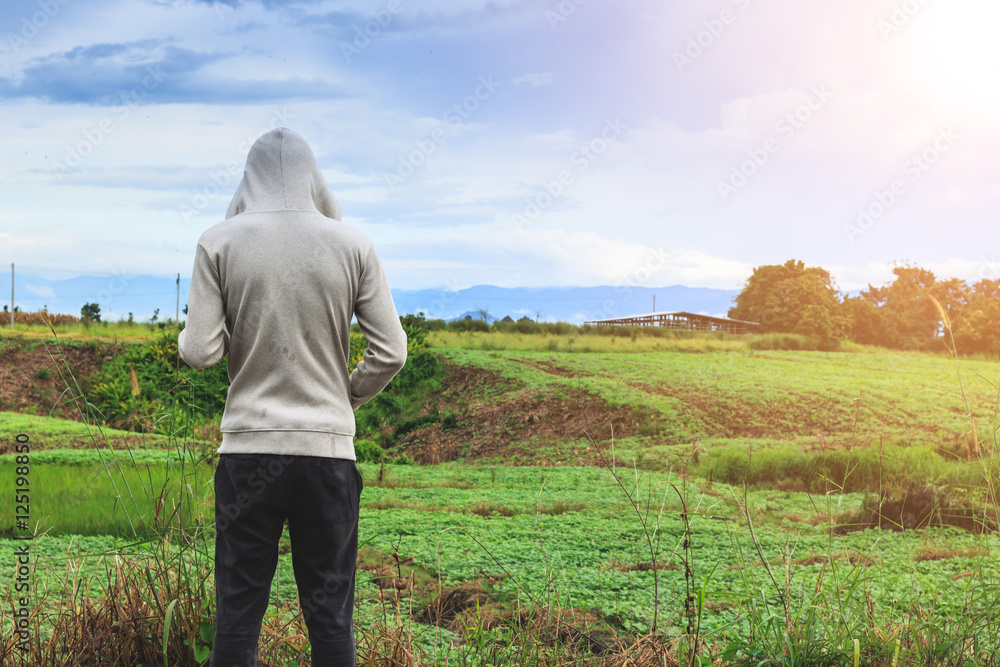 Man standing in morning with nature background