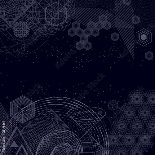 The science and mathematics abstract background with circles, cube, triangles and a lot of lines. Sacred geometry backdrop. The chemistry and astrology. Graphic elements for identity design.