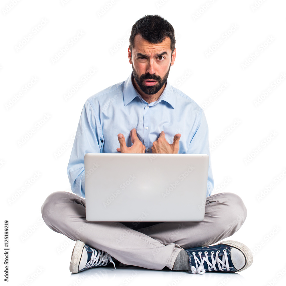 Man with laptop doing surprise gesture Man with laptop doing surprise gesture