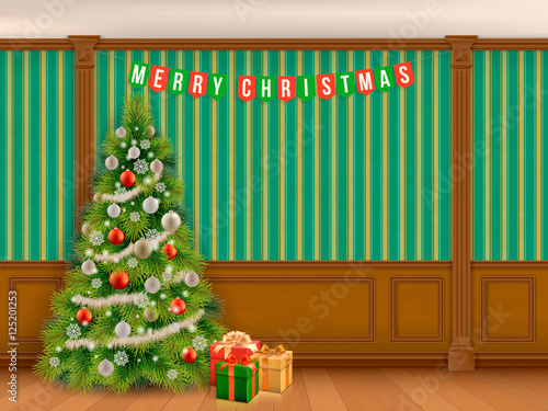 Decorated Christmas tree in classic room with wooden paneling and pilasters. Interior living room or library in the classical style.