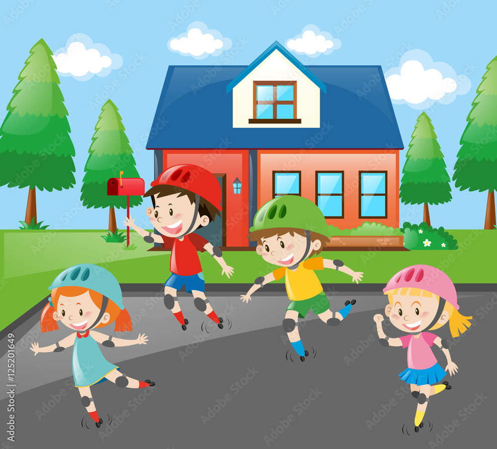 Children rollerskating on the road Children rollerskating on the road