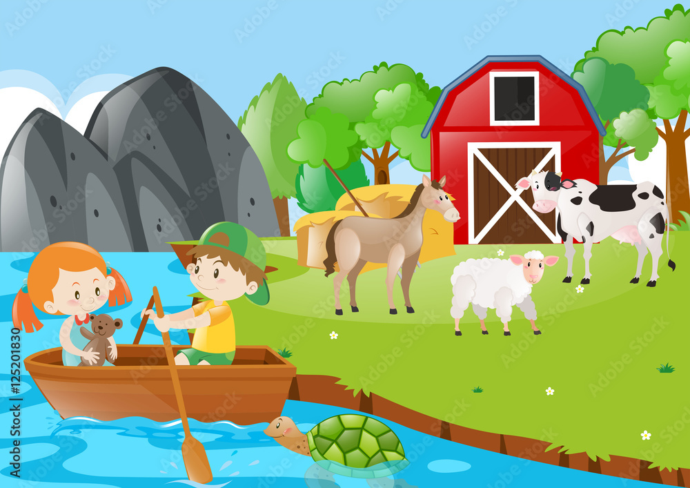 Naklejka premium Children rowing boat in the farmyard