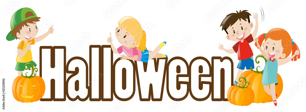 Fototapeta premium Halloween theme with kids and pumpkins