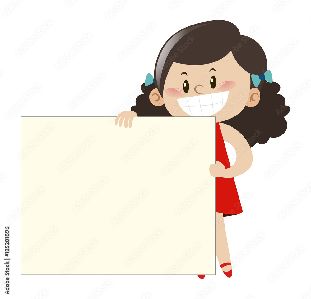 Little girl in red dress holding white board Little girl in red dress holding white board