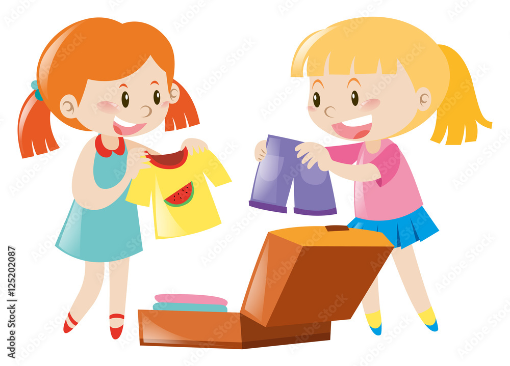 Two girls packing suitcase Two girls packing suitcase