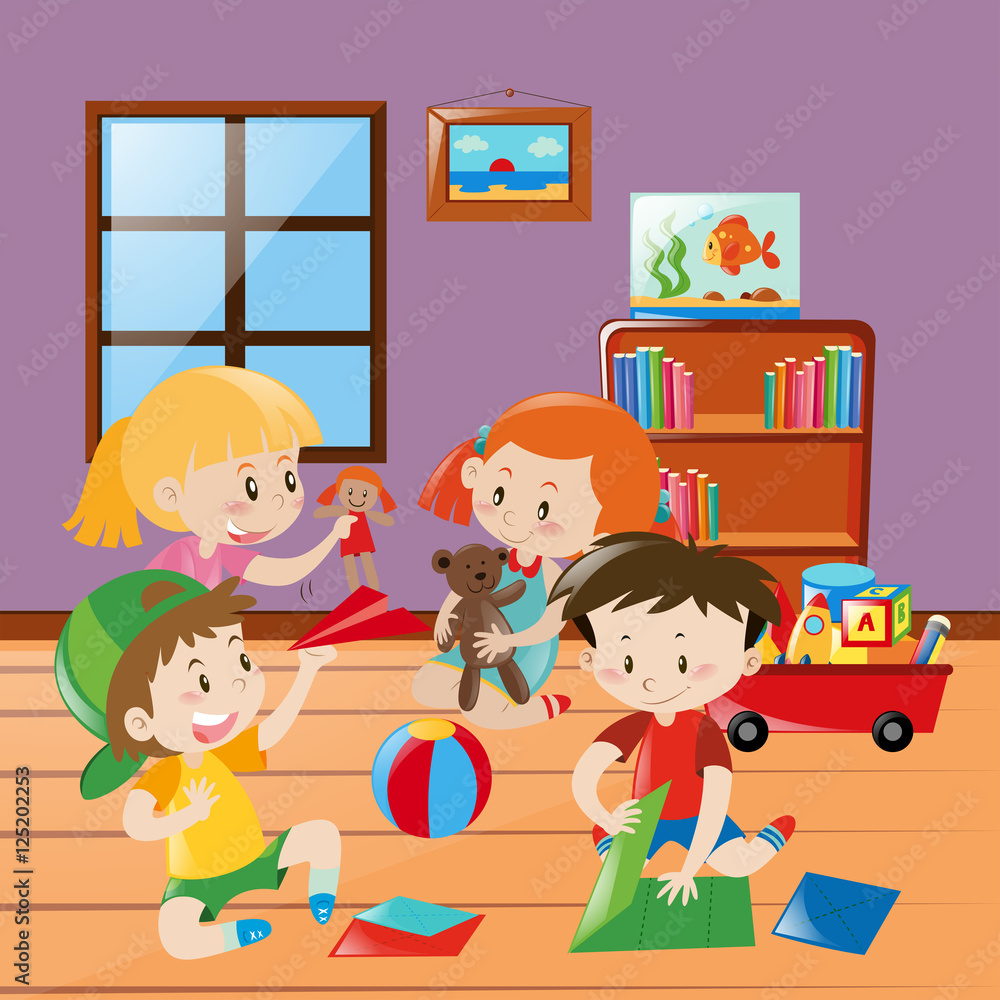 Many kids folding paper craft in the room Many kids folding paper craft in the room