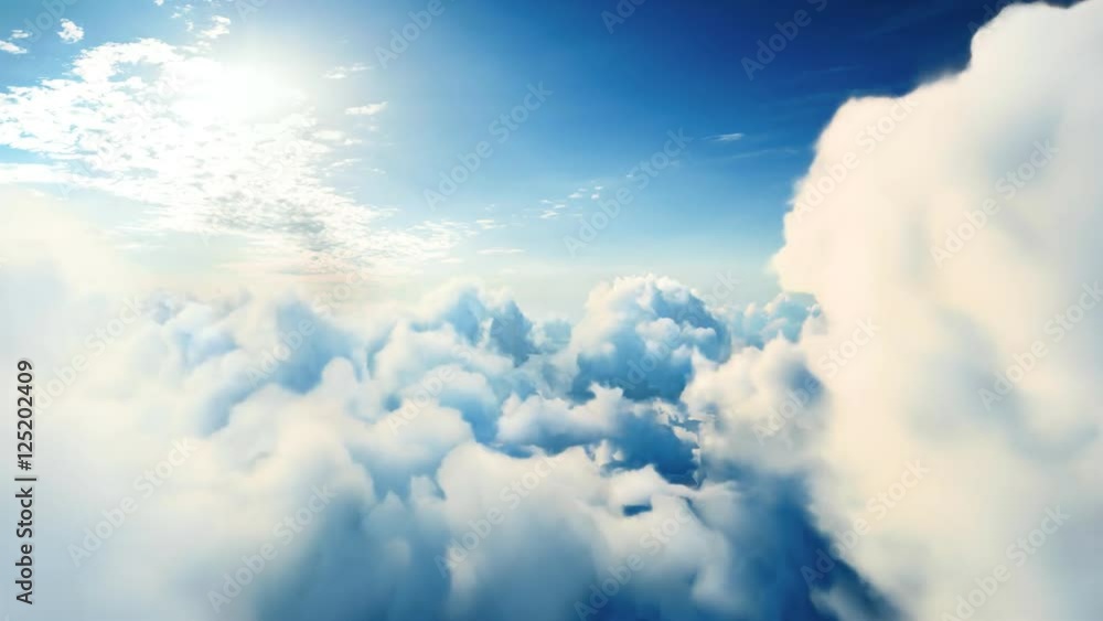 Flying over the timelapse clouds with the afternoon sun. Seamlessly looped animation. Flight through moving cloudscape with beautiful lens flare. Perfect for cinema, background, digital composition