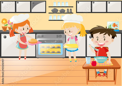 Kitchen scene with girls baking and boy eating