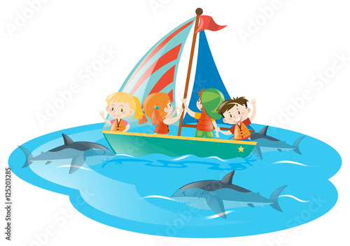 Kids on boat watching sharks swimming