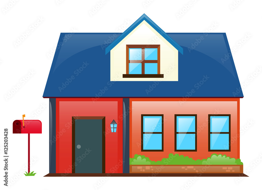 House painted red with blue roof House painted red with blue roof