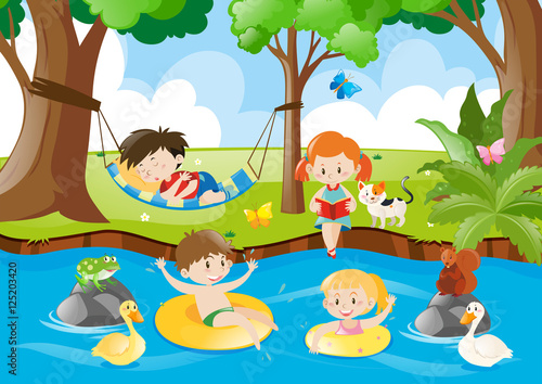 Children having fun by the river