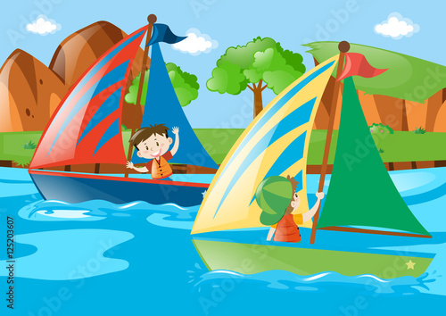 Two boys sailing boat in river