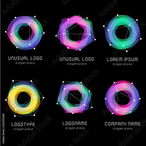 Unusual abstract geometric shapes. Vector logo set. Polygonal colorful logotypes collection on the black background.
