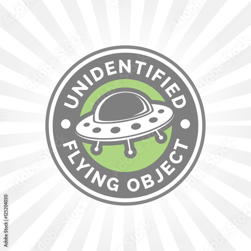 UFO icon. Unidentified flying object badge. Flying saucer symbol. Alien spaceship sign. Vector illustration.