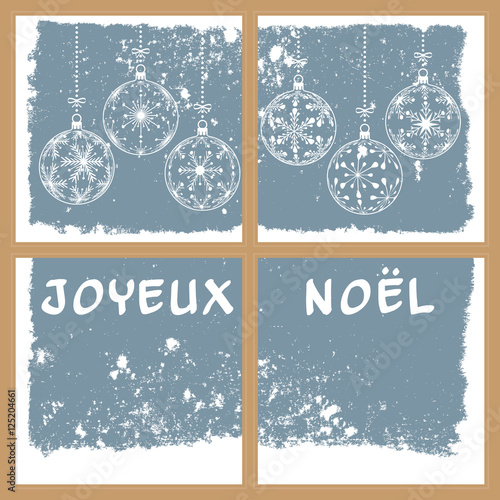 christmas snowy window, vector illustration with christmas balls and french text merry christmas, france holiday background