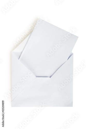 White envelope with a letter. On white, isolated background.