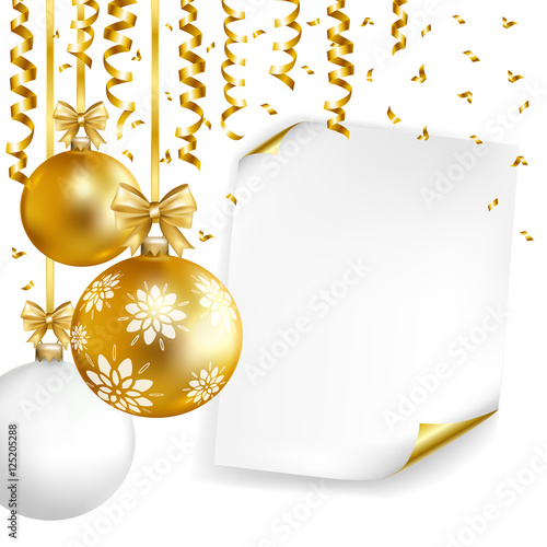 Christmas poster template with gold, white balls, paper and gold serpentine. Vector illustration.