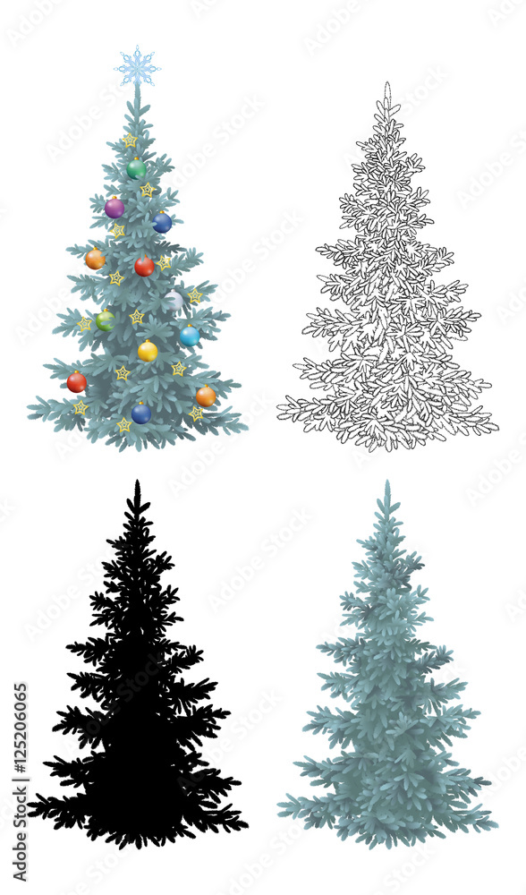 Set of Christmas Trees, with Holiday Decorations, Gold Stars and Colorful Balls, Green Naturalistic and Black Outlines Contours and Silhouette Isolated On White Eps10, Contains Transparencies. Vector