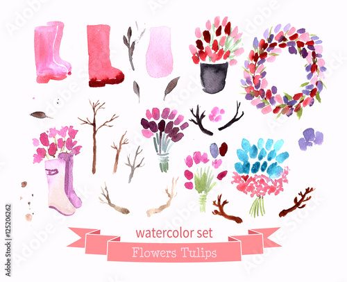 Watercolor flowers roses peonies collection