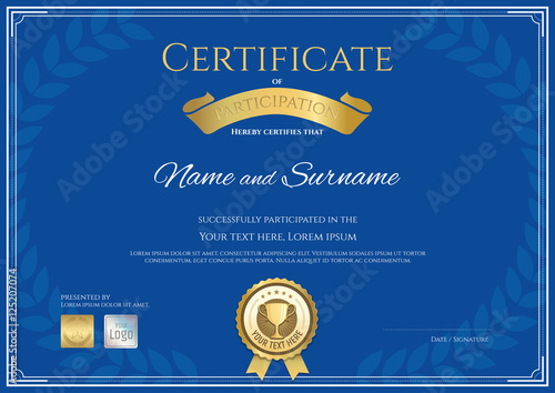 Certificate of participation template in blue theme with award l