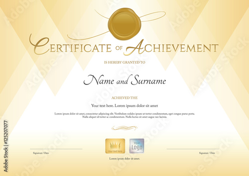 Certificate of achievement template in gold theme with gold wax