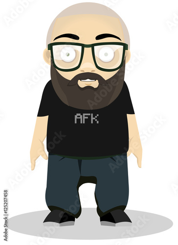 A nerd guy, the shirt "AFK" means Away From Keyboard for videogame players.