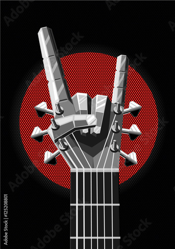Rock poster with a metal hand and guitar. Music illustration