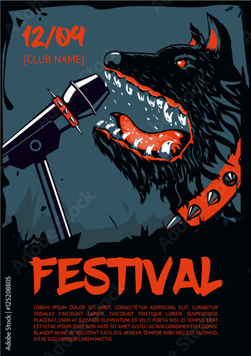 Music poster template for rock concert. Dog with microphone.