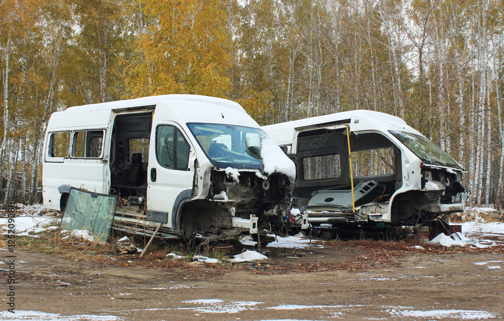 Disassembled cars after the accident in the forest