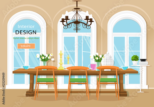 Vintage graphic dining room interior with dining table  chairs and large windows. Flat style vector illustration.