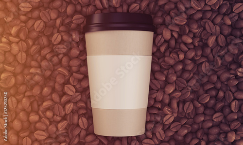 Top view of paper cup of coffee on its beans, toned