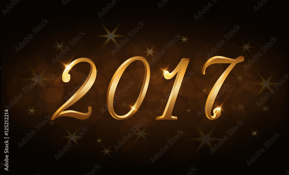Happy New Year background. Gold numbers 2017 card. Christmas design with light, vibrant, glow and sparkle, stars, glitter. Symbol of holiday, celebration. Luxury golden texture. Vector illustration Happy New Year background. Gold numbers 2017 card. Christmas design with light, vibrant, glow and sparkle, stars, glitter. Symbol of holiday, celebration. Luxury golden texture. Vector illustration