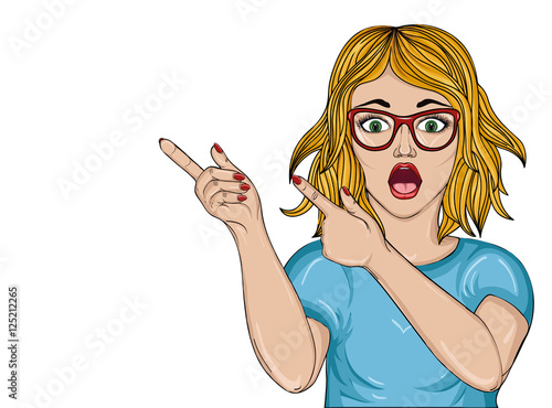Surprised girl with glasses.Struck.Woman in shock pointing.Vector