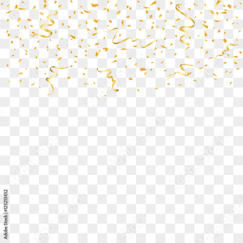 Gold confetti celebration isolated on transparent background. Falling golden abstract decoration for party, birthday celebrate, anniversary or event, festive. Festival decor. Vector illustration