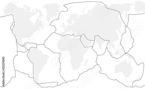 Tectonic plates unlabeled - world map with fault lines of major an minor plates.